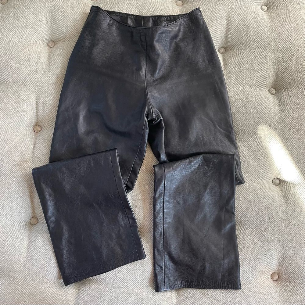 Danier Black Leather Straight Leg Ankle Crop Pants Lined Side Zip 26 XS 2